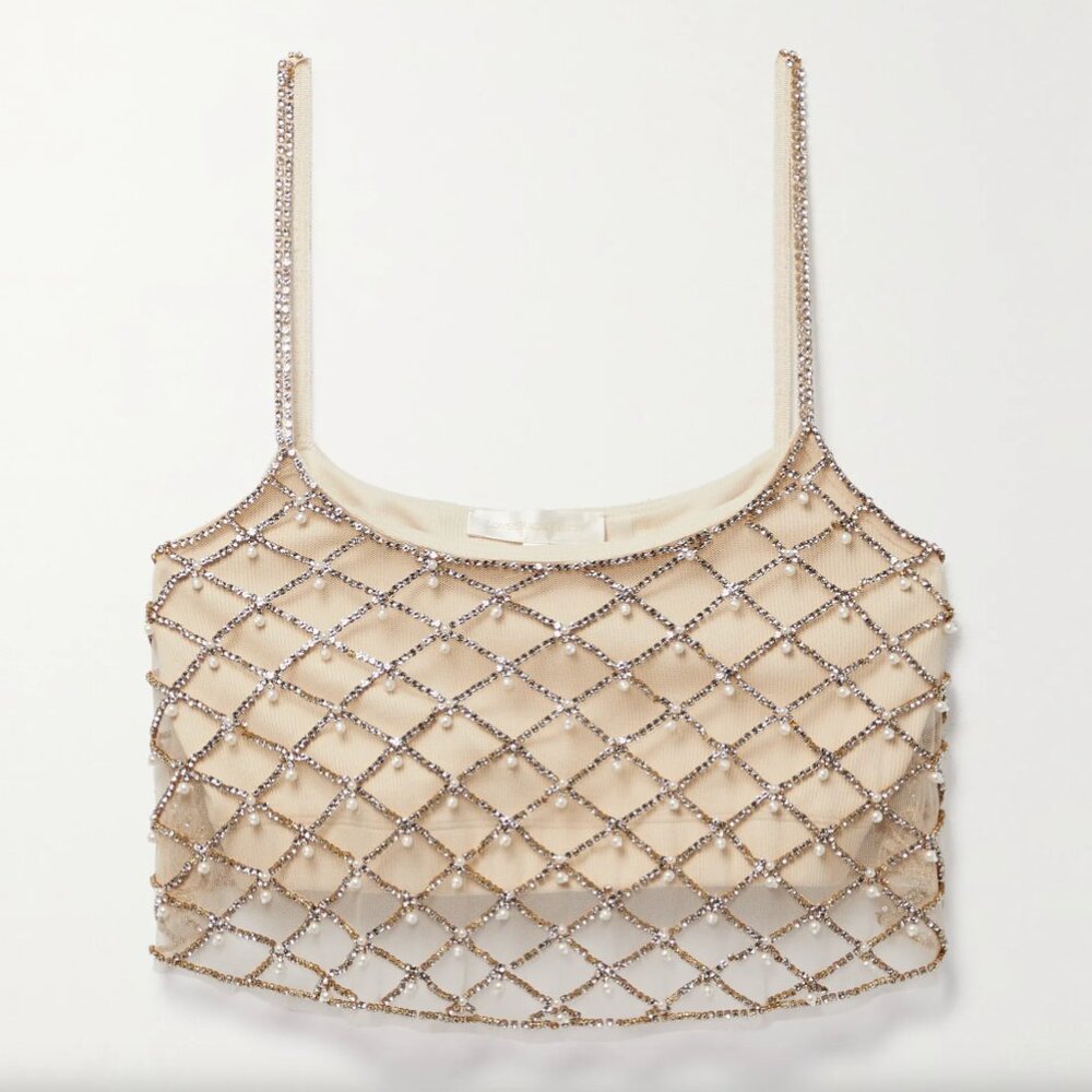 LoveShackFancy Marcia cropped layered embellished tulle and ribbed jersey top